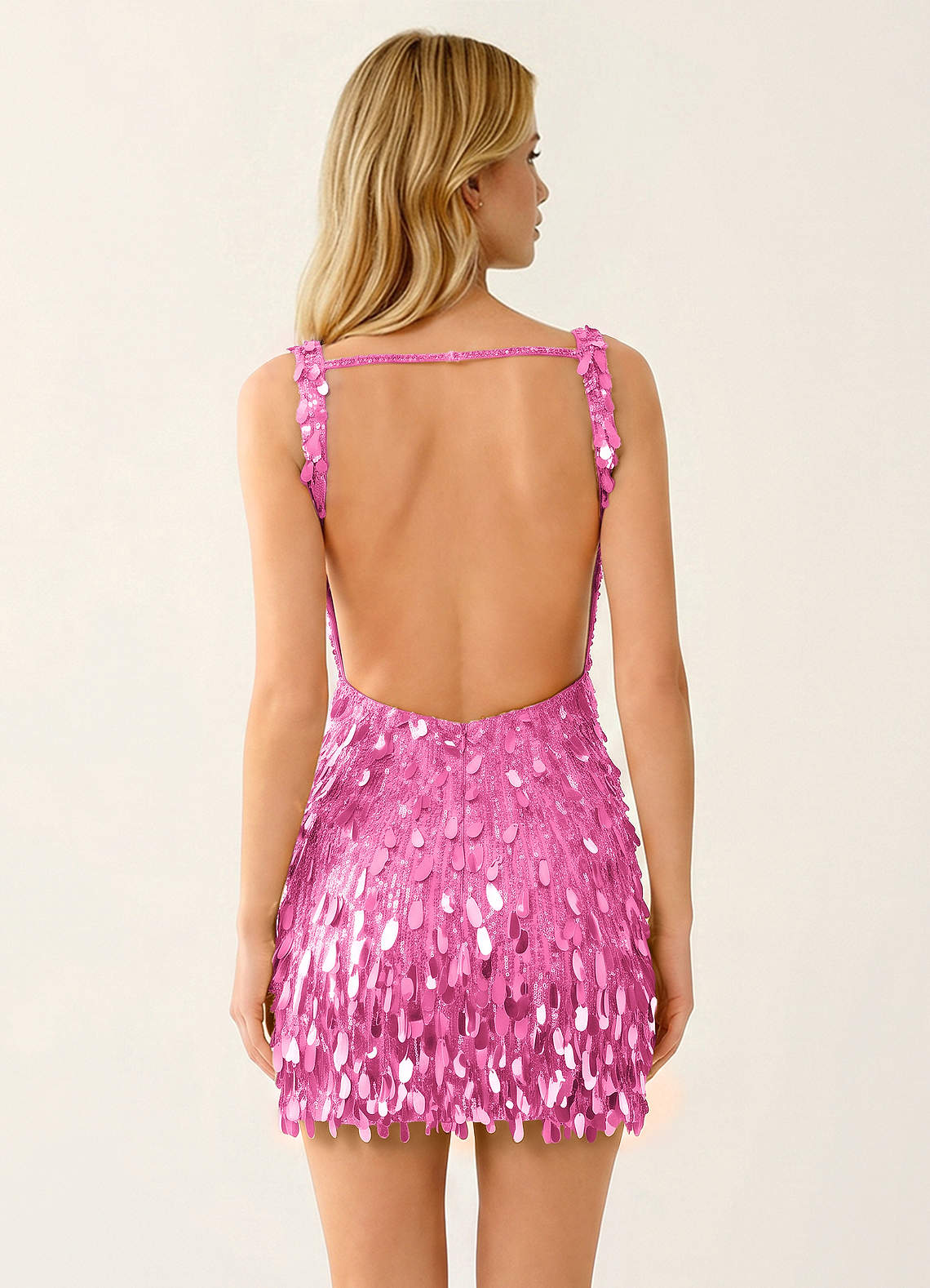 Viennejoie Bodycon Mini V-Neck Sequined Stretch Mesh Prom Dress in pink