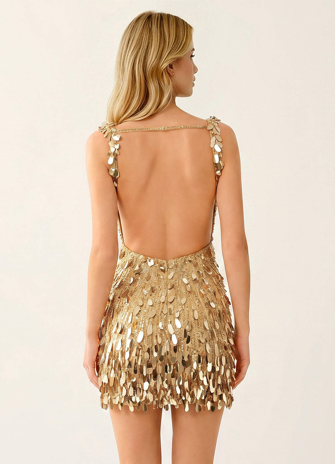 Viennejoie Bodycon Mini V-Neck Sequined Stretch Mesh Prom Dress in champagne