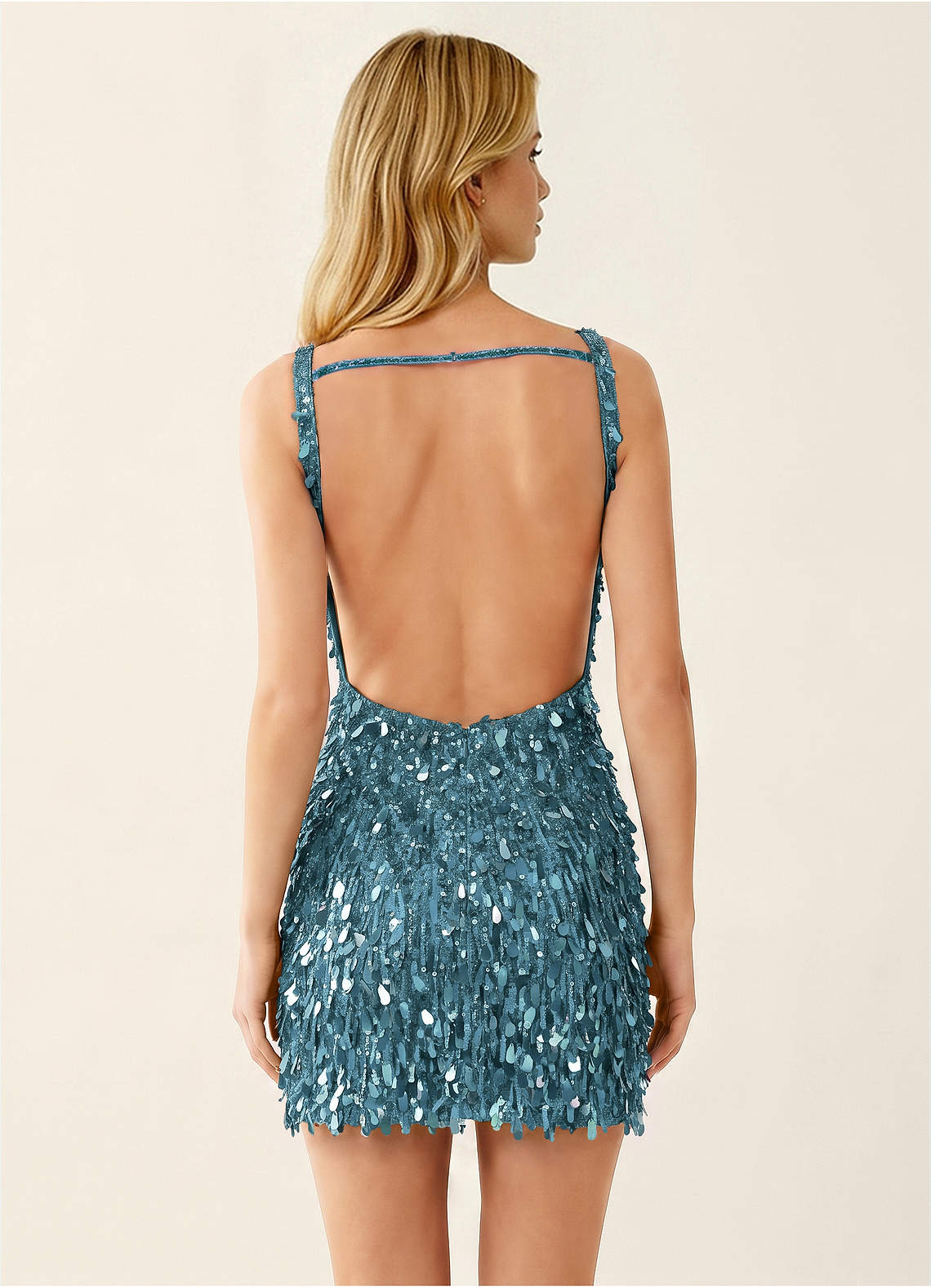 Viennejoie Bodycon Mini V-Neck Sequined Stretch Mesh Prom Dress in Neptune