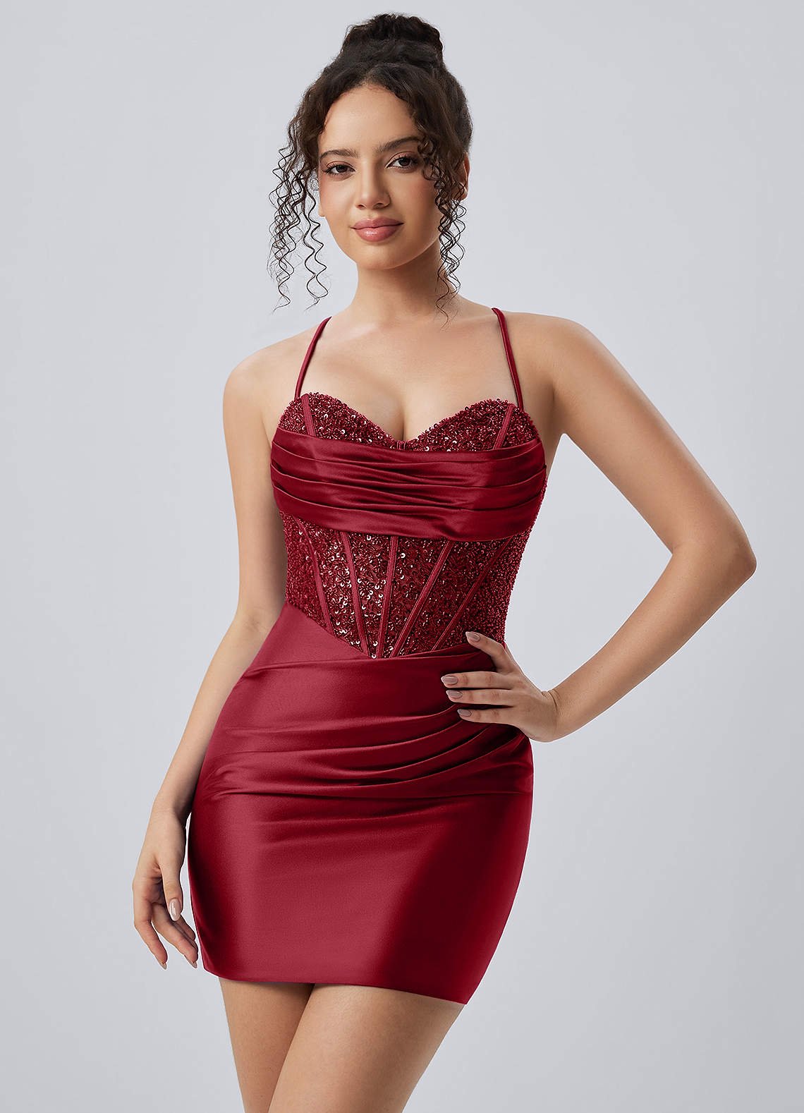 Vievegene Mini Corset Ruched Beaded Satin Prom Dress in black