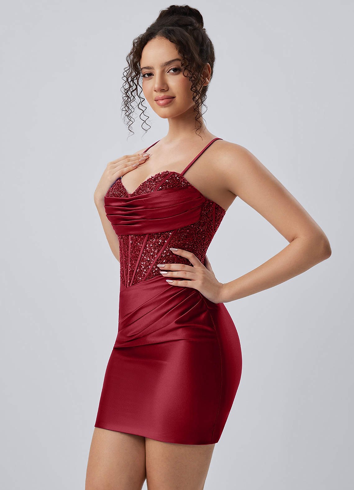 Vievegene Mini Corset Ruched Beaded Satin Prom Dress in Burgundy