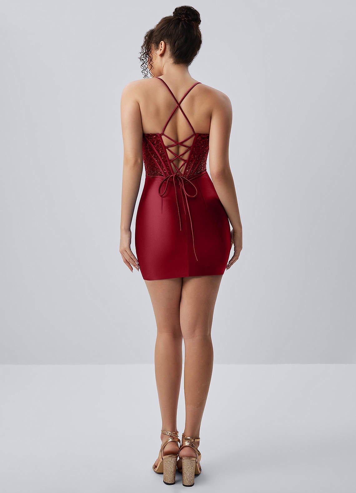 Vievegene Mini Corset Ruched Beaded Satin Prom Dress in Burgundy