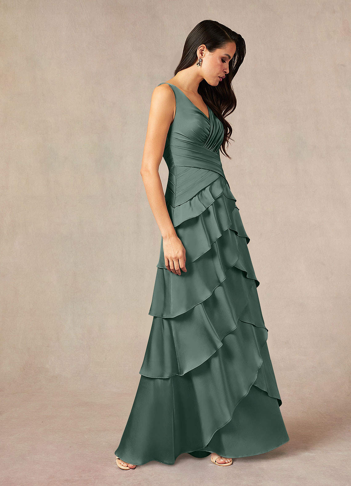Viola A-Line V-Neck Stretch Satin Mother of the Bride Dress in Sea Moss