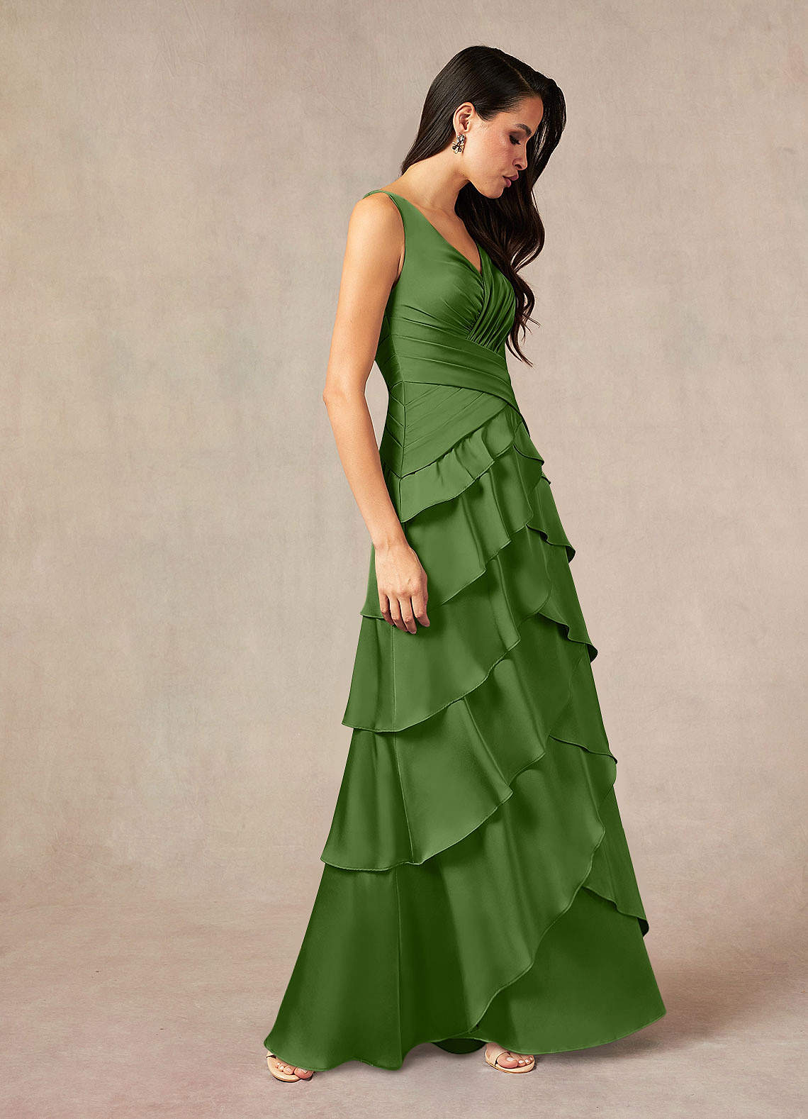 Viola A-Line V-Neck Stretch Satin Mother of the Bride Dress in Basil