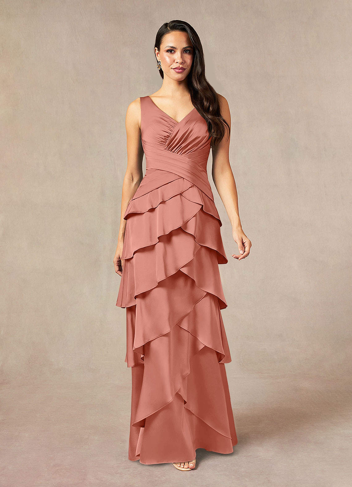 Viola A-Line V-Neck Stretch Satin Mother of the Bride Dress in Salmon Pink