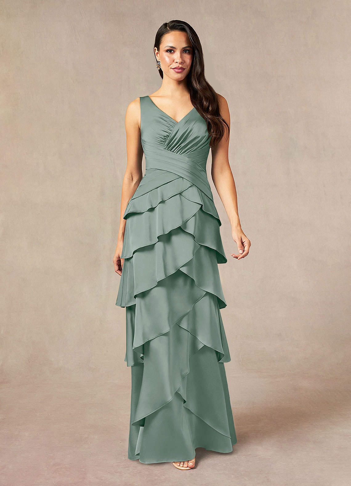 Viola A-Line V-Neck Stretch Satin Mother of the Bride Dress in Silver Sage