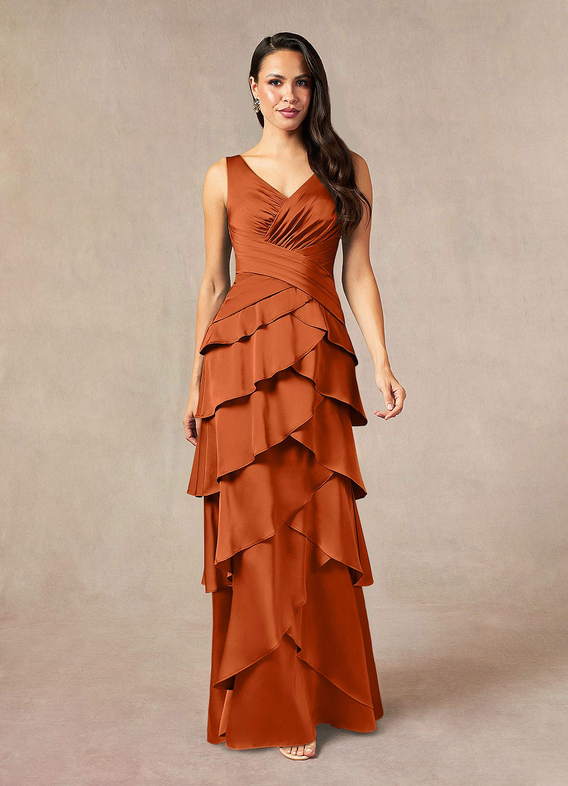 Viola A-Line V-Neck Stretch Satin Mother of the Bride Dress in Burnt Orange