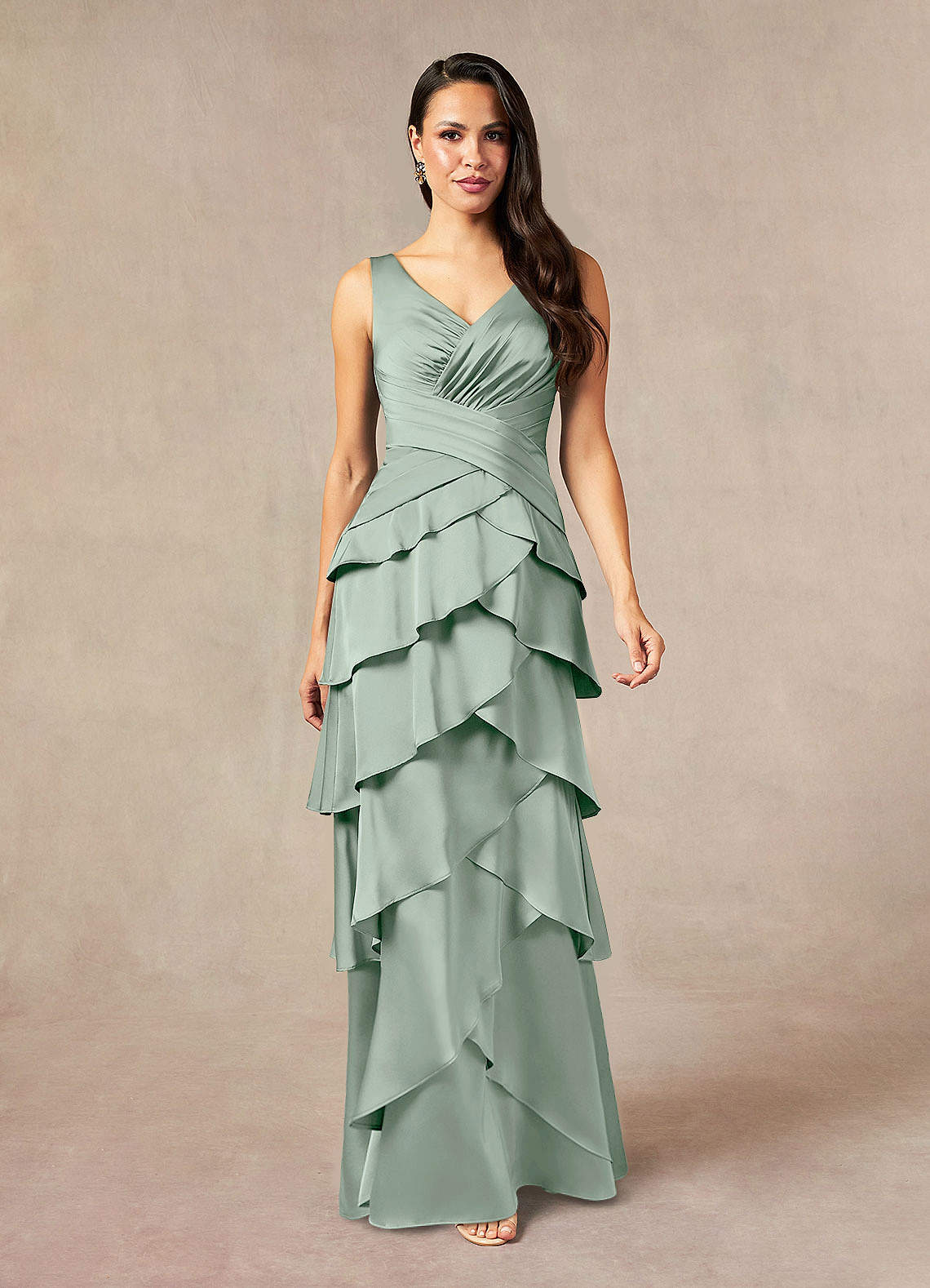 Viola A-Line V-Neck Stretch Satin Mother of the Bride Dress in Agave