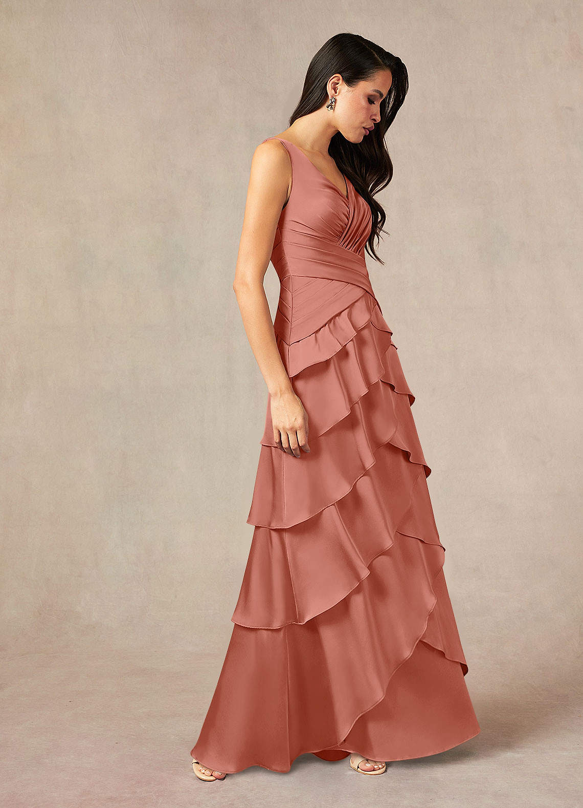 Viola A-Line V-Neck Stretch Satin Mother of the Bride Dress in Salmon Pink