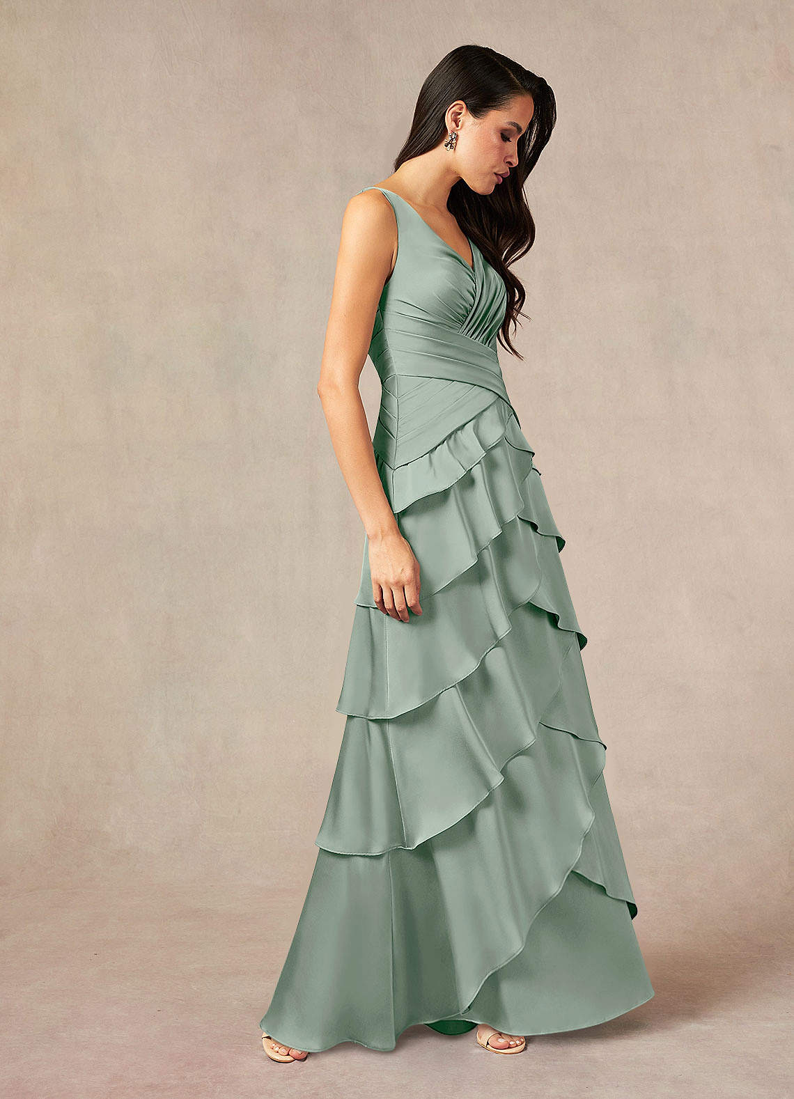Viola A-Line V-Neck Stretch Satin Mother of the Bride Dress in Agave