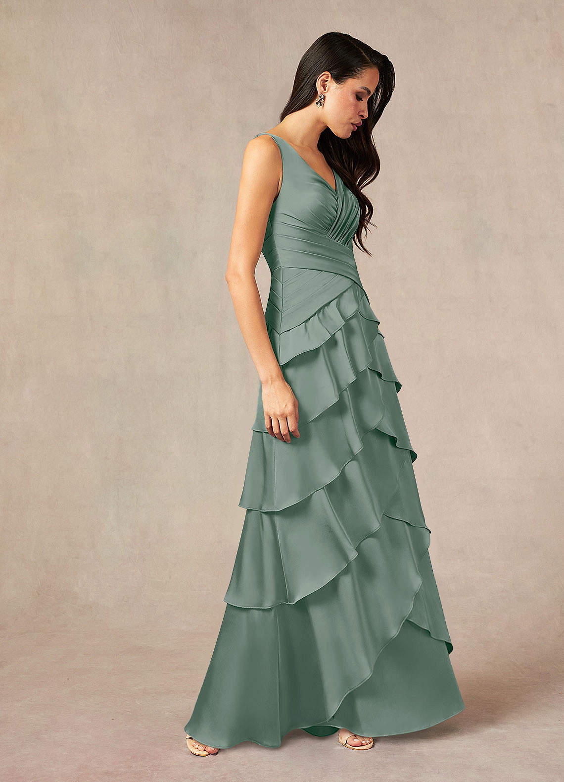 Viola A-Line V-Neck Stretch Satin Mother of the Bride Dress in Silver Sage