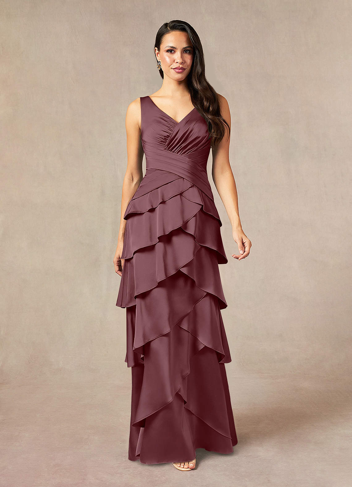 Viola A-Line V-Neck Stretch Satin Mother of the Bride Dress in Sangria