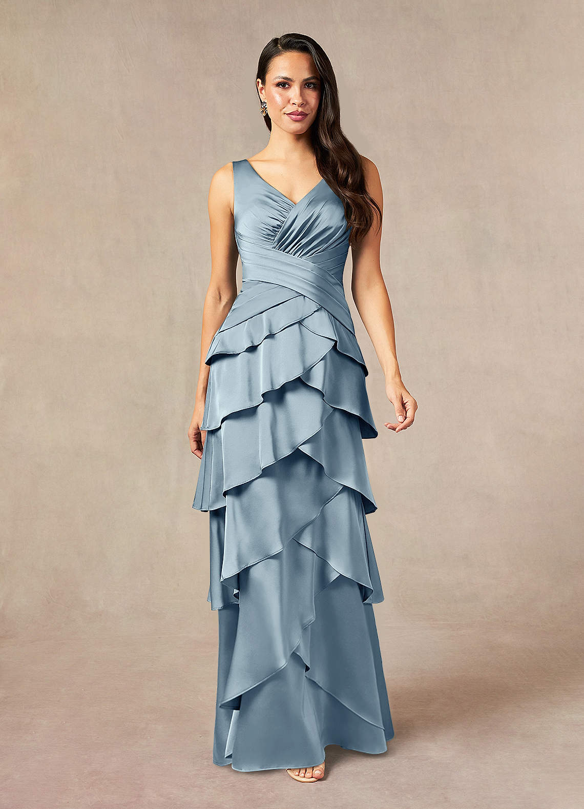 Viola A-Line V-Neck Stretch Satin Mother of the Bride Dress in dusty blue