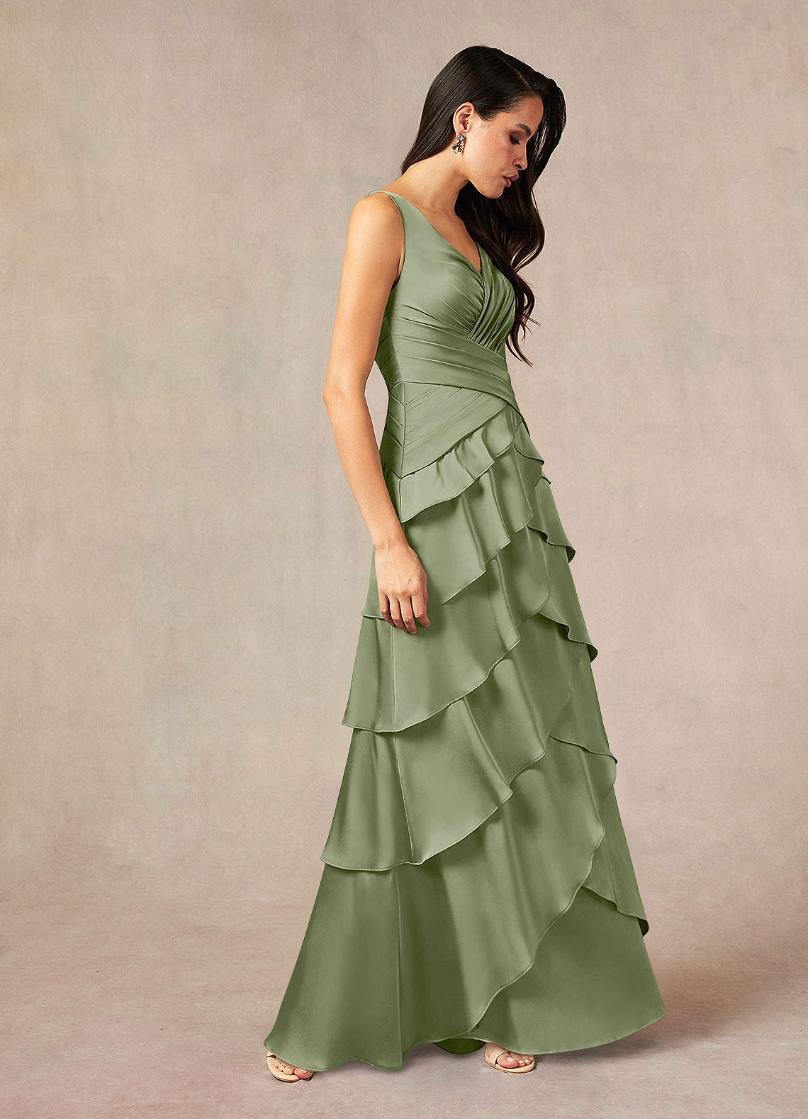 Viola A-Line V-Neck Stretch Satin Mother of the Bride Dress in Pistachio