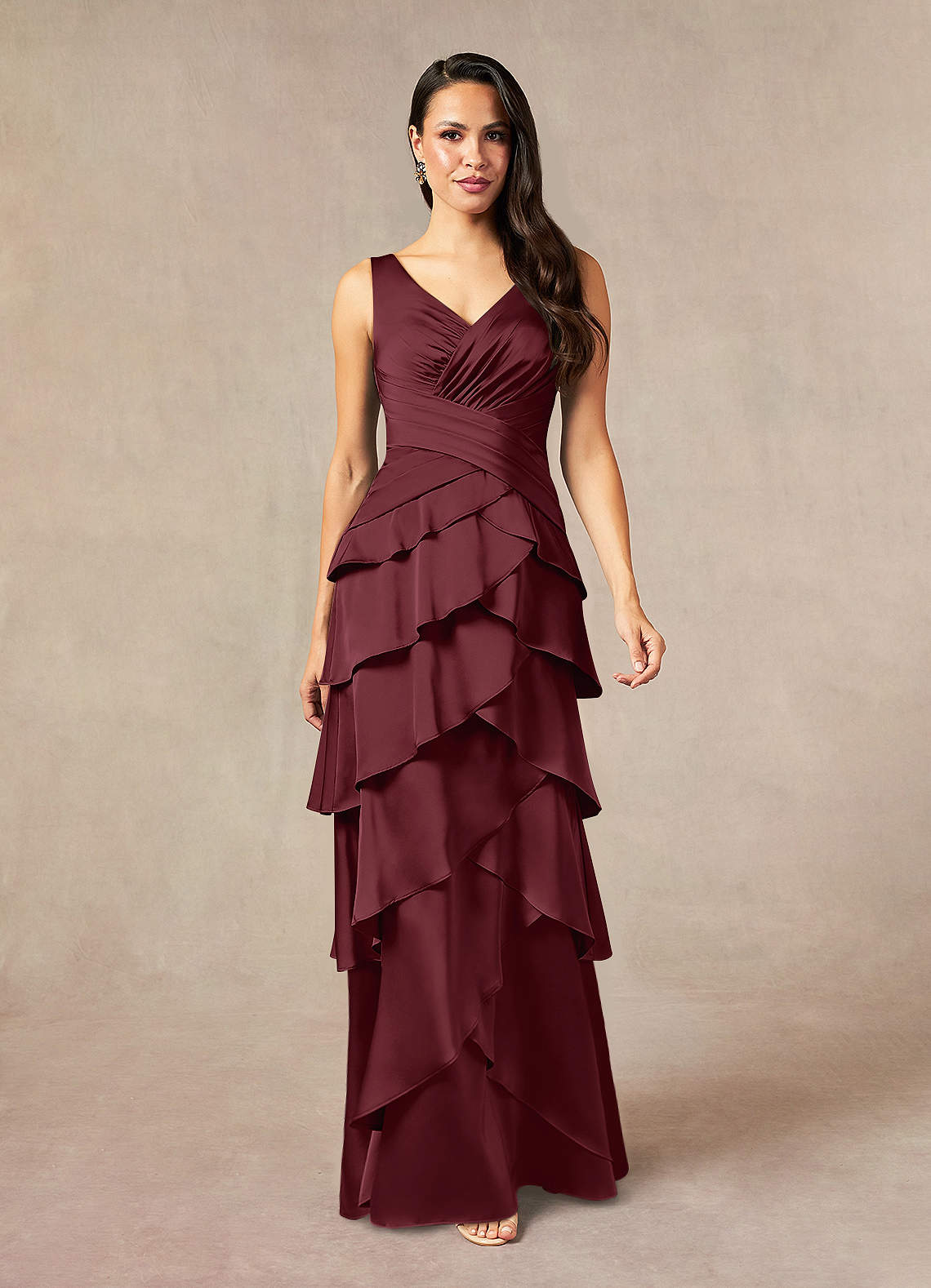 Viola A-Line V-Neck Stretch Satin Mother of the Bride Dress in Cabernet