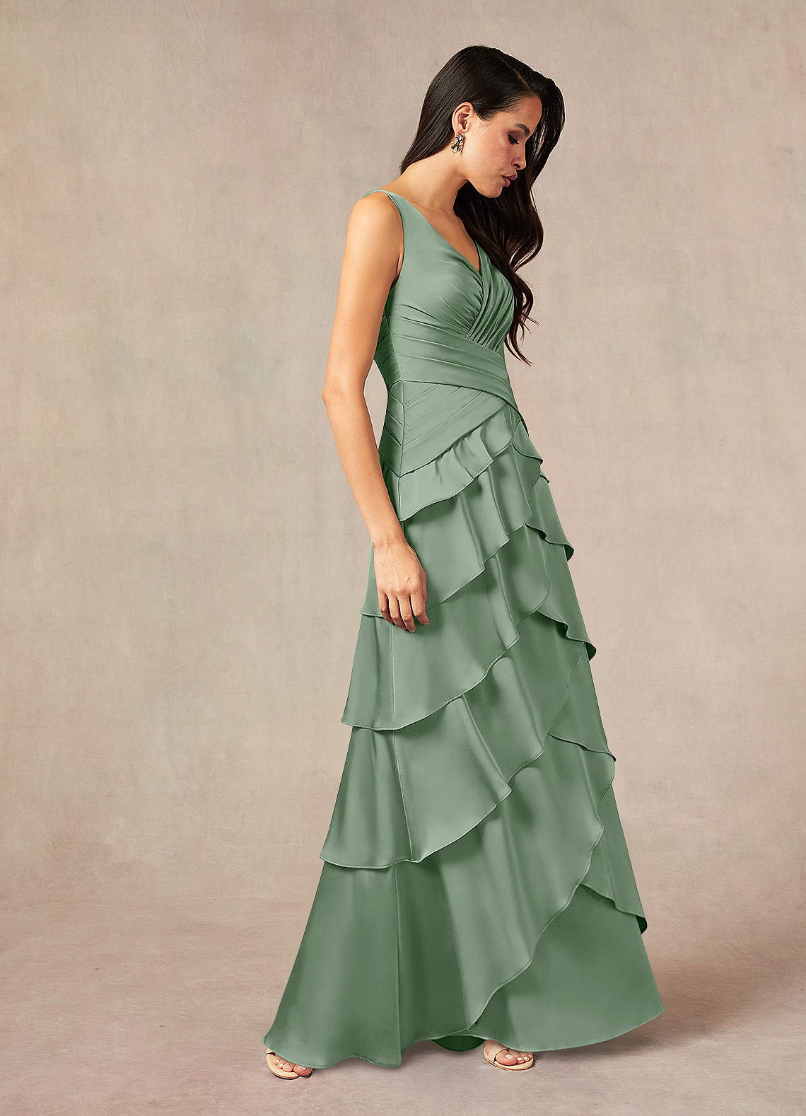 Viola A-Line V-Neck Stretch Satin Mother of the Bride Dress in matcha
