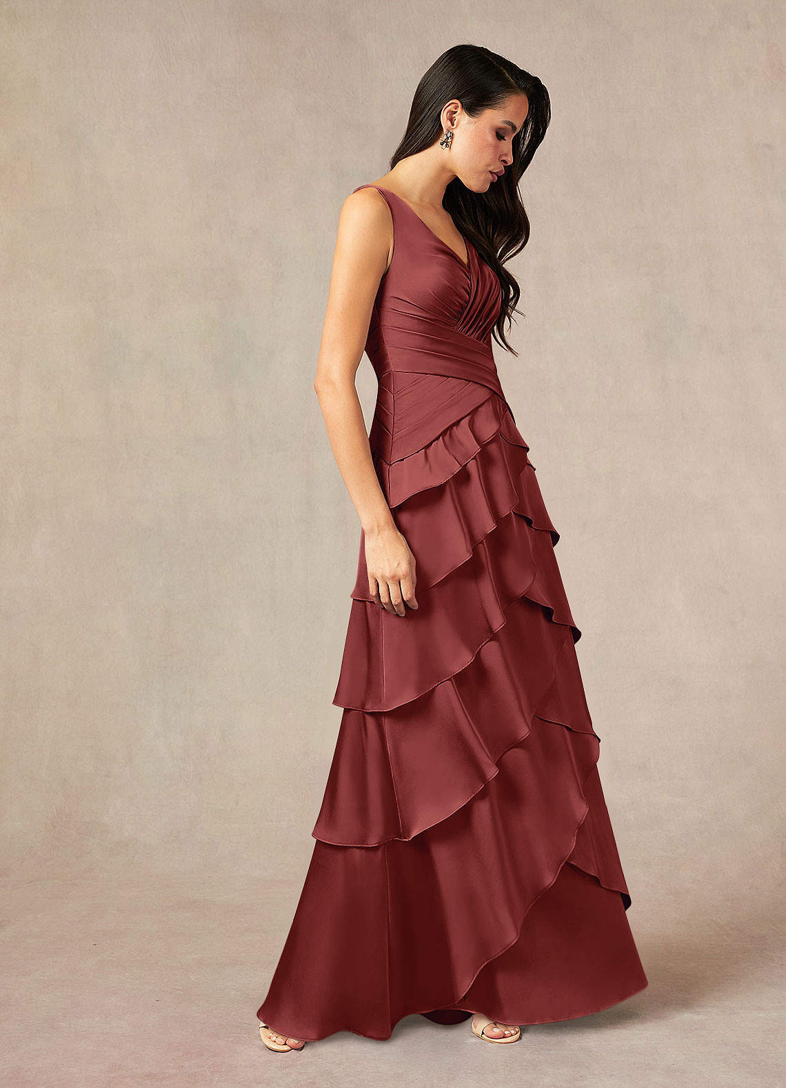 Viola A-Line V-Neck Stretch Satin Mother of the Bride Dress in Terracotta