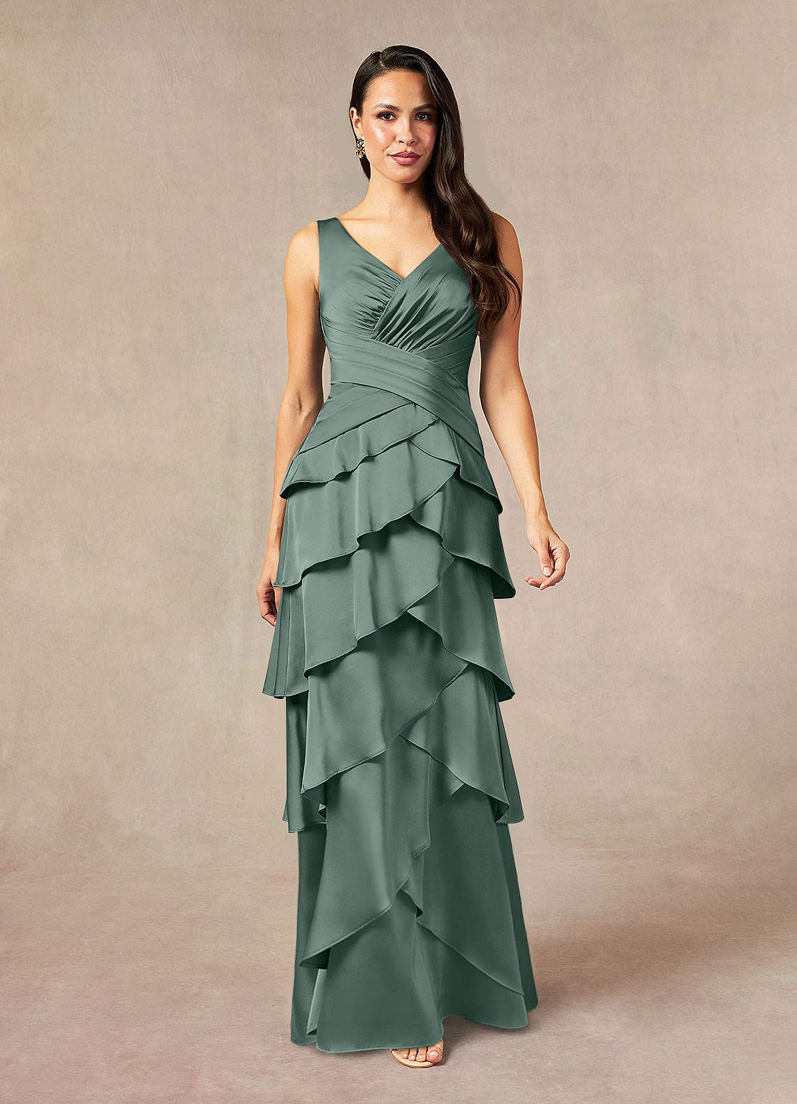 Viola A-Line V-Neck Stretch Satin Mother of the Bride Dress in Sea Moss