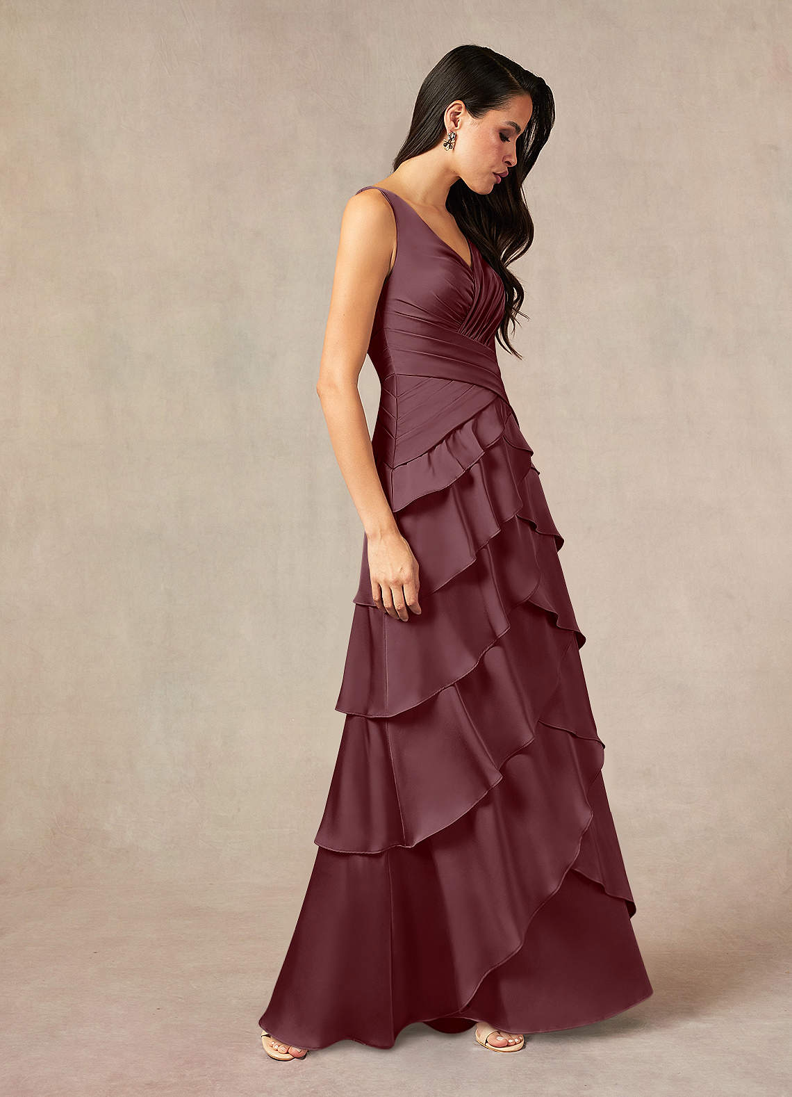 Viola A-Line V-Neck Stretch Satin Mother of the Bride Dress in Sangria
