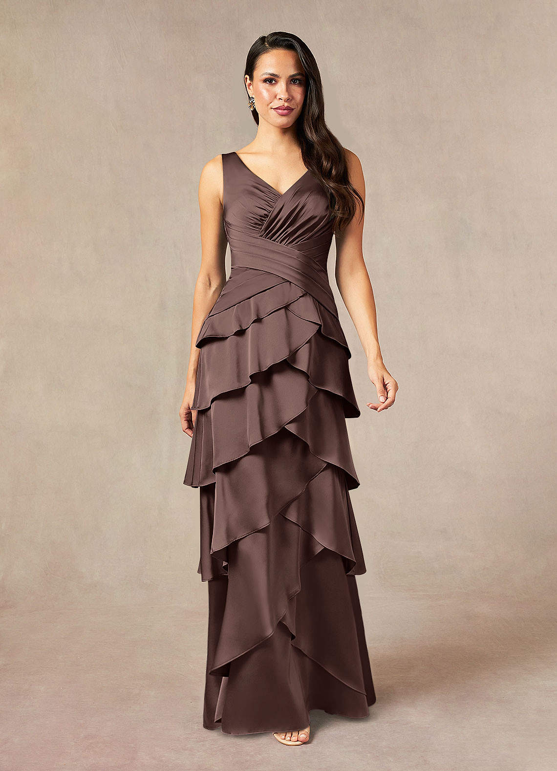 Viola A-Line V-Neck Stretch Satin Mother of the Bride Dress in Ganache