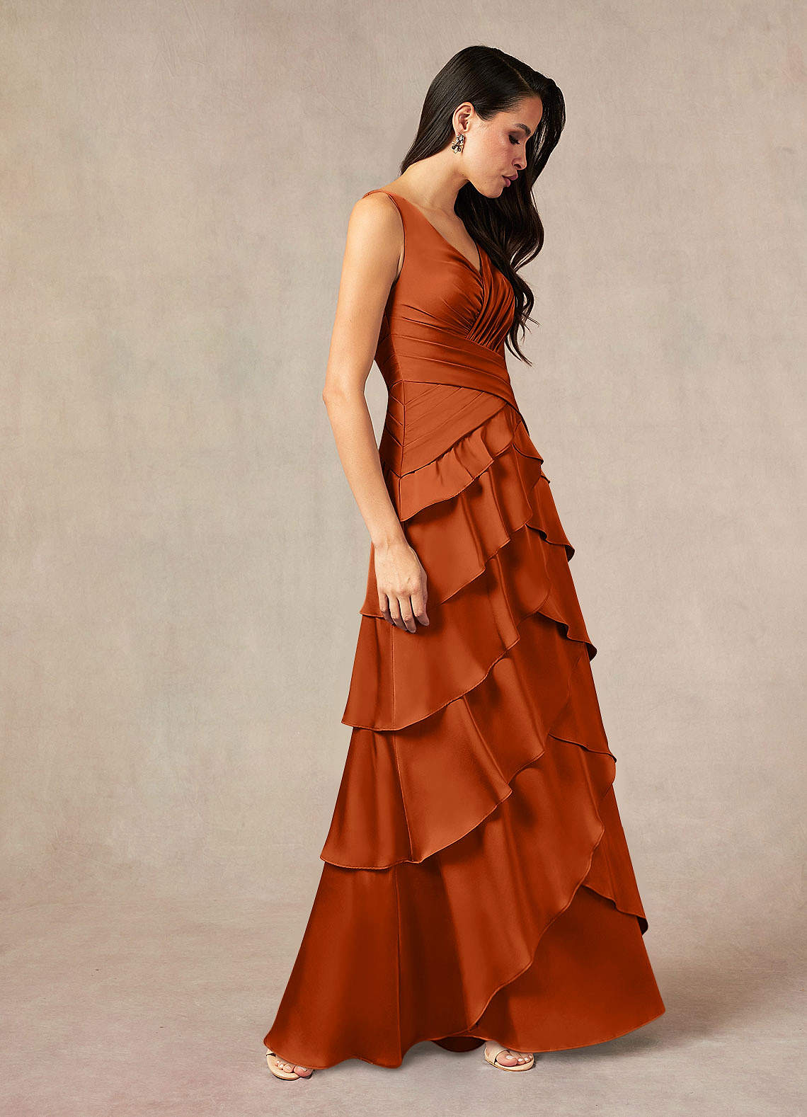 Viola A-Line V-Neck Stretch Satin Mother of the Bride Dress in Burnt Orange