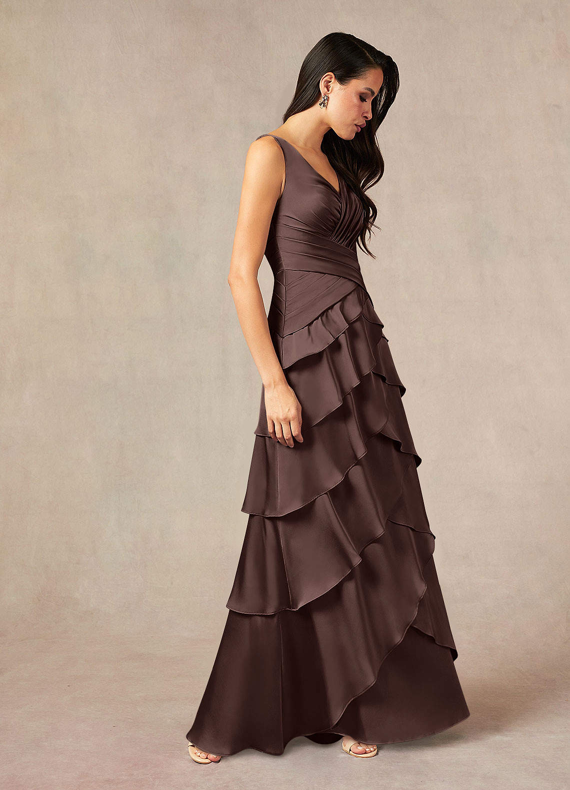 Viola A-Line V-Neck Stretch Satin Mother of the Bride Dress in Ganache