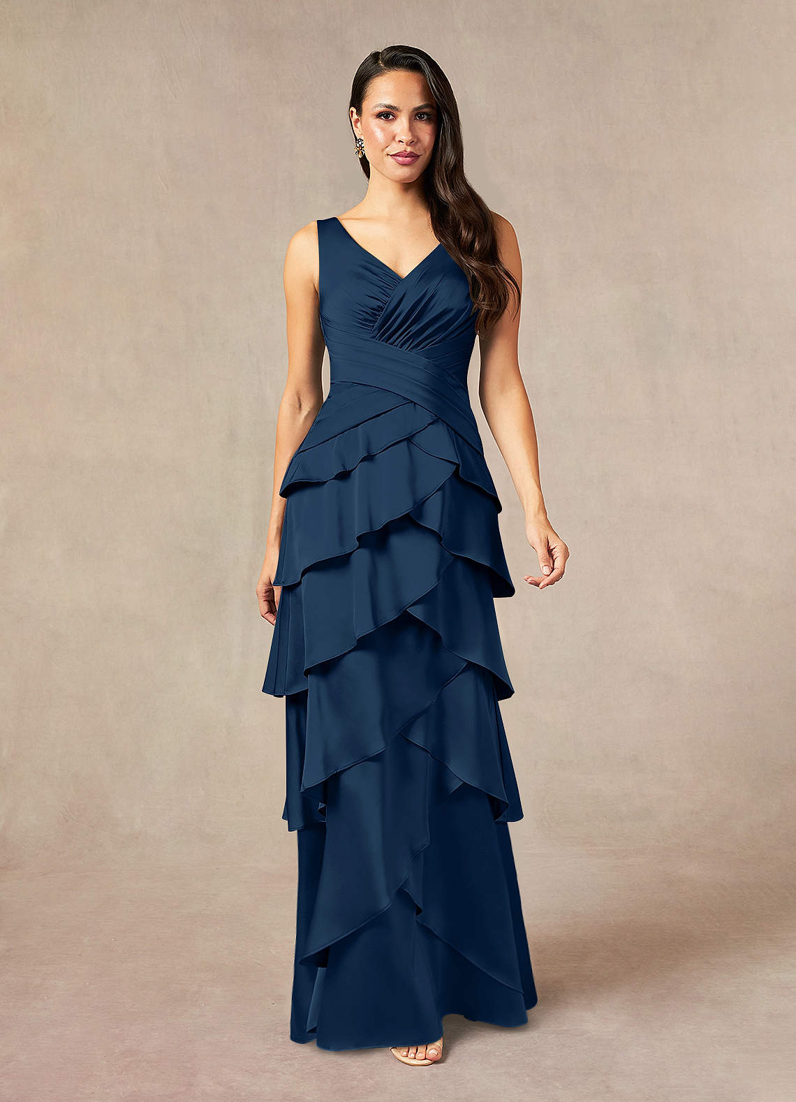 Viola A-Line V-Neck Stretch Satin Mother of the Bride Dress in Dark Navy