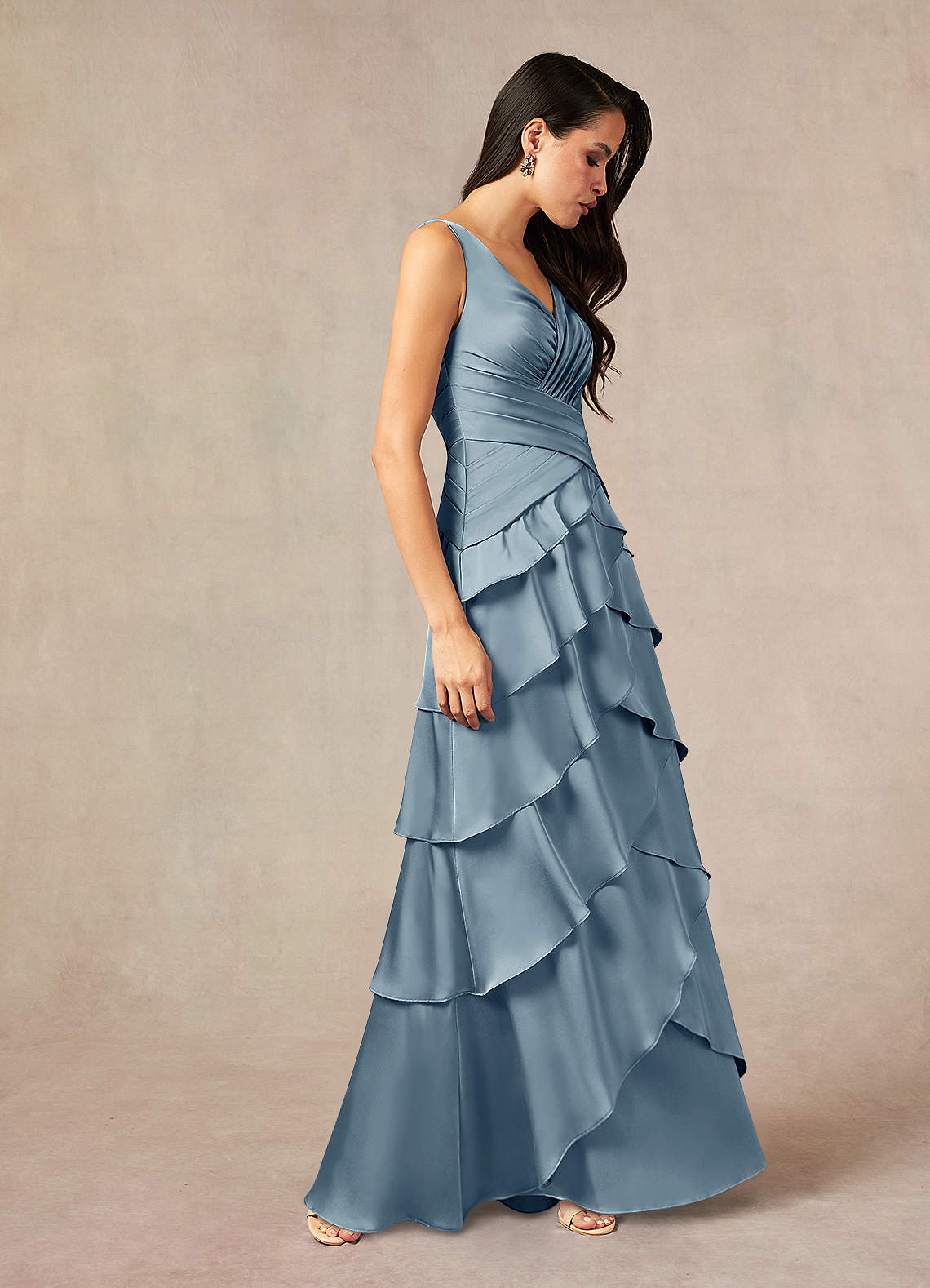 Viola A-Line V-Neck Stretch Satin Mother of the Bride Dress in dusty blue