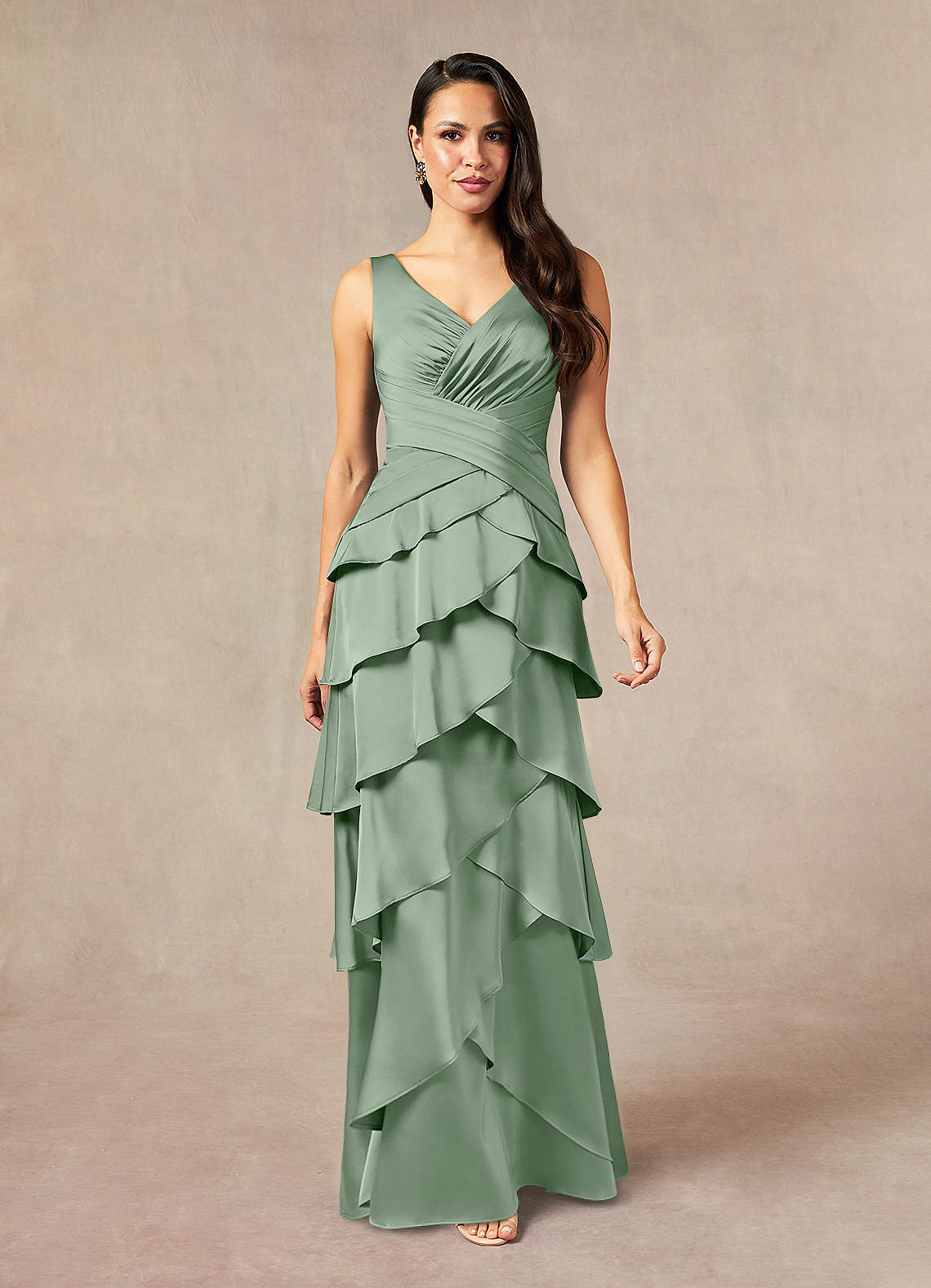 Viola A-Line V-Neck Stretch Satin Mother of the Bride Dress in matcha