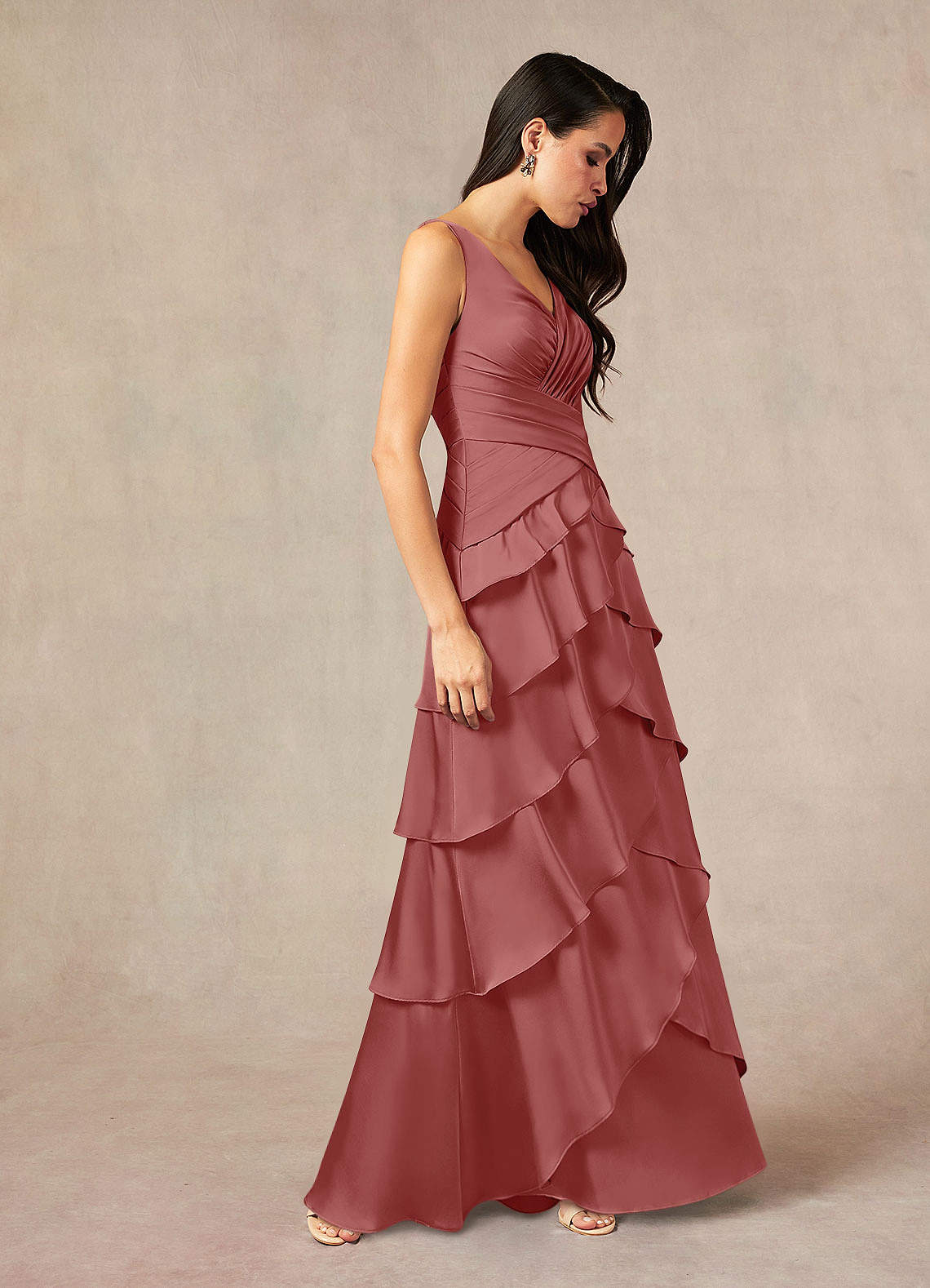 Viola A-Line V-Neck Stretch Satin Mother of the Bride Dress in Antique Rose