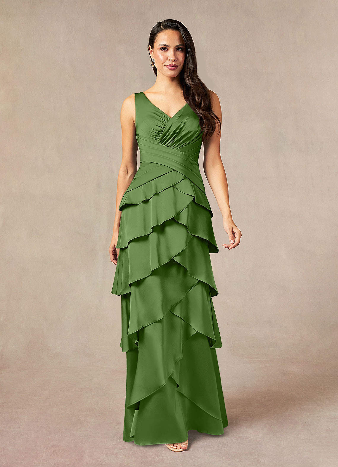 Viola A-Line V-Neck Stretch Satin Mother of the Bride Dress in Basil