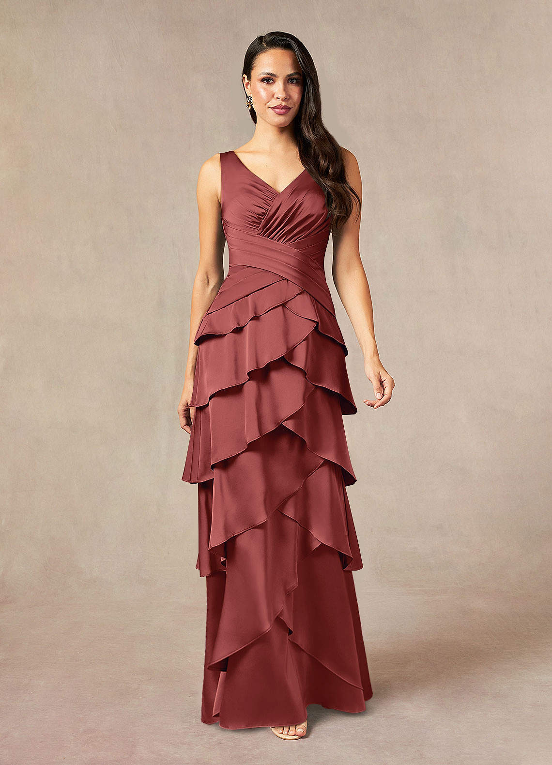 Viola A-Line V-Neck Stretch Satin Mother of the Bride Dress in Terracotta