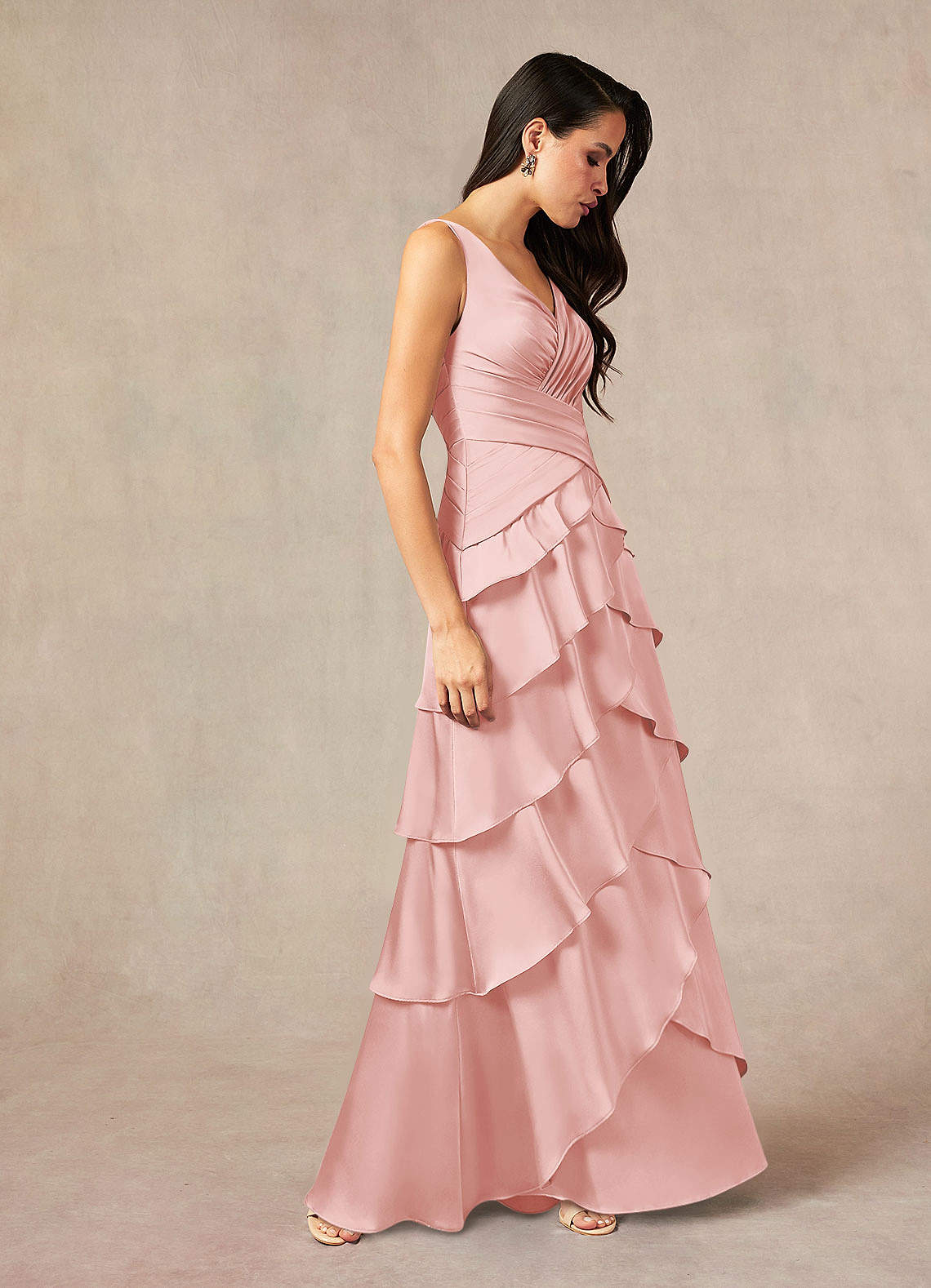 Viola A-Line V-Neck Stretch Satin Mother of the Bride Dress in Powder Pink