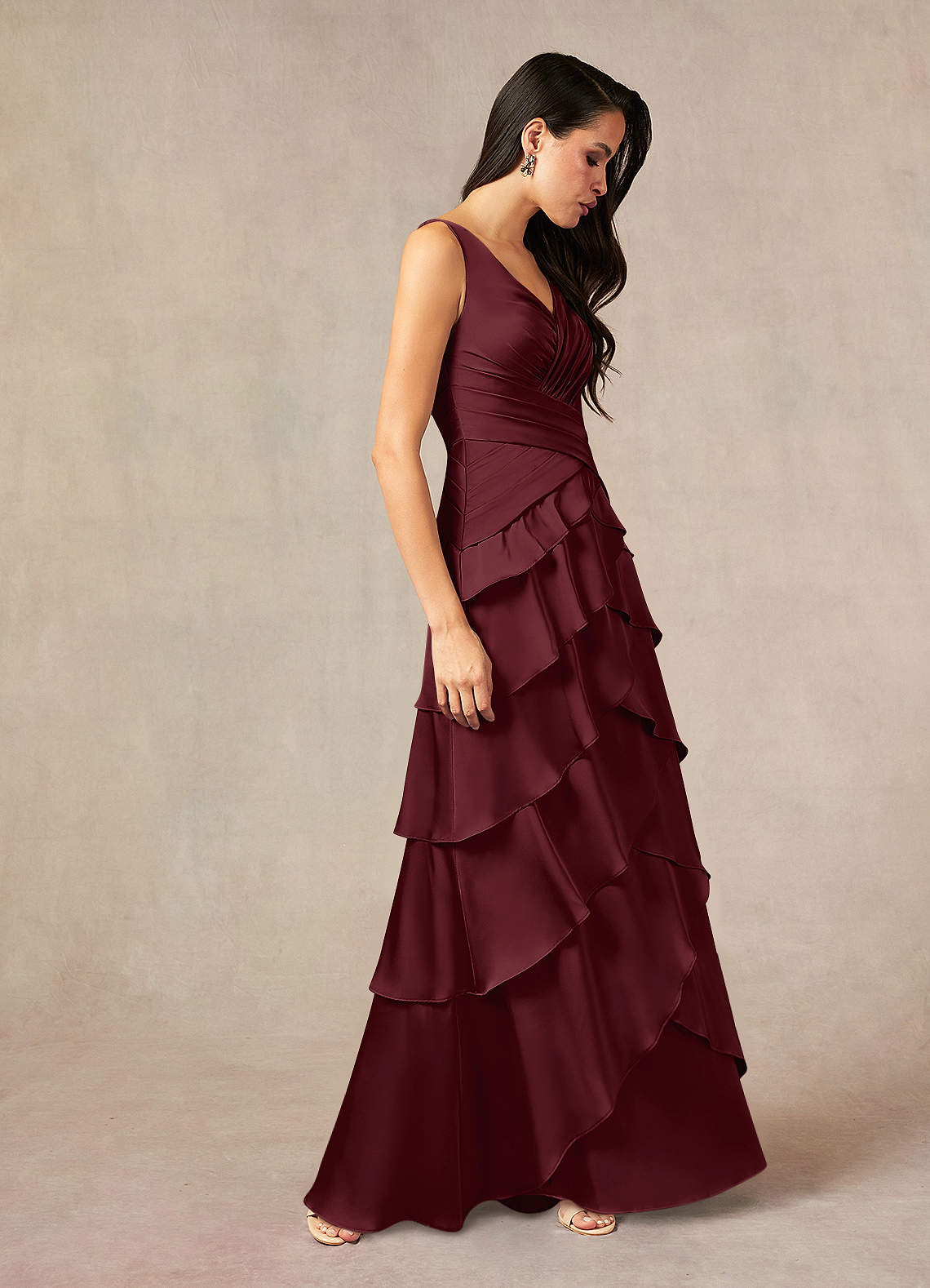 Viola A-Line V-Neck Stretch Satin Mother of the Bride Dress in Cabernet