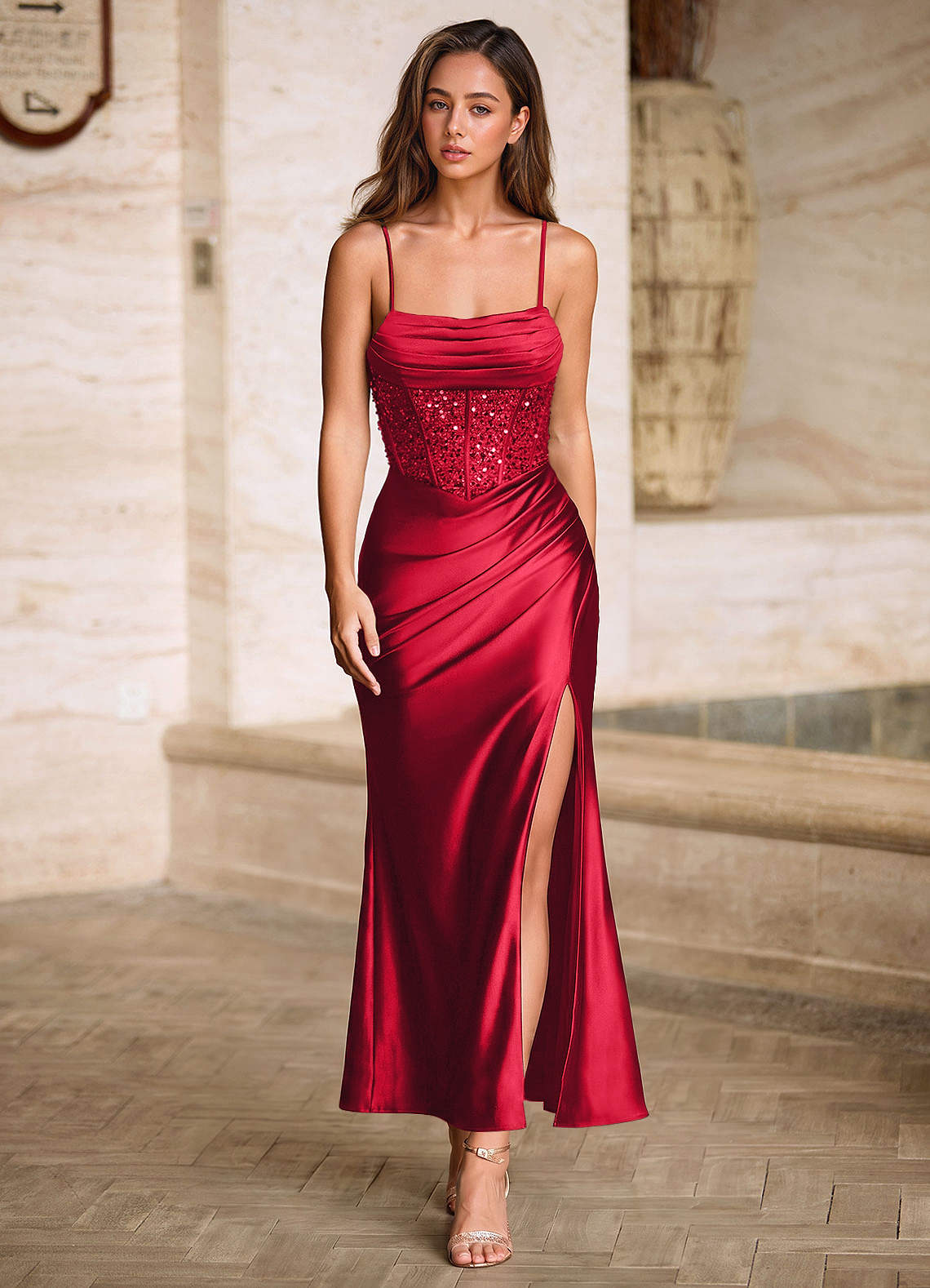 Viviannella Mermaid Square-Neck Stretch Satin Prom Dress in black