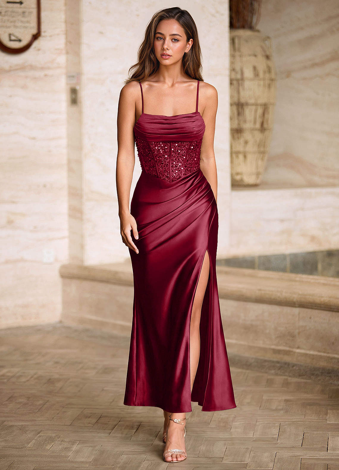 Viviannella Mermaid Square-Neck Stretch Satin Prom Dress in black