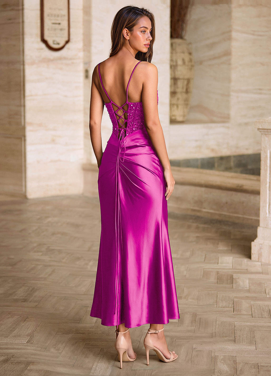 Viviannella Mermaid Square-Neck Stretch Satin Prom Dress in Magenta