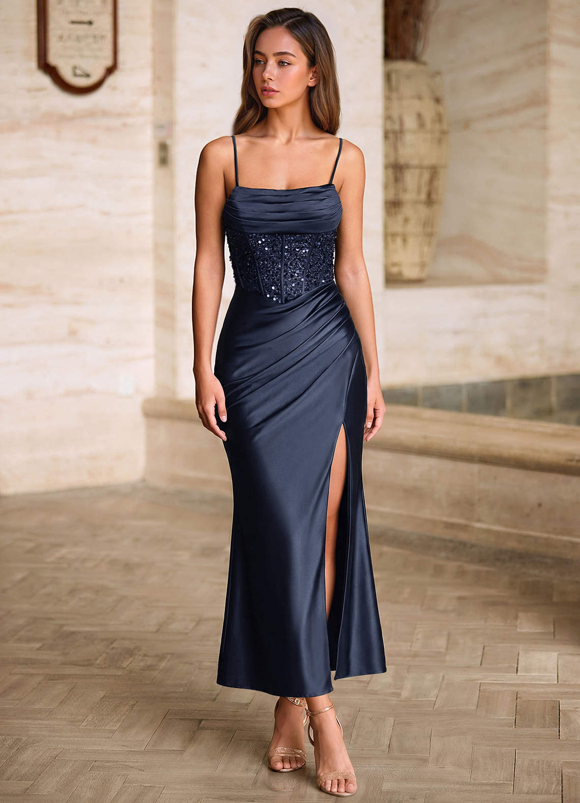 Viviannella Mermaid Square-Neck Stretch Satin Prom Dress in Navy