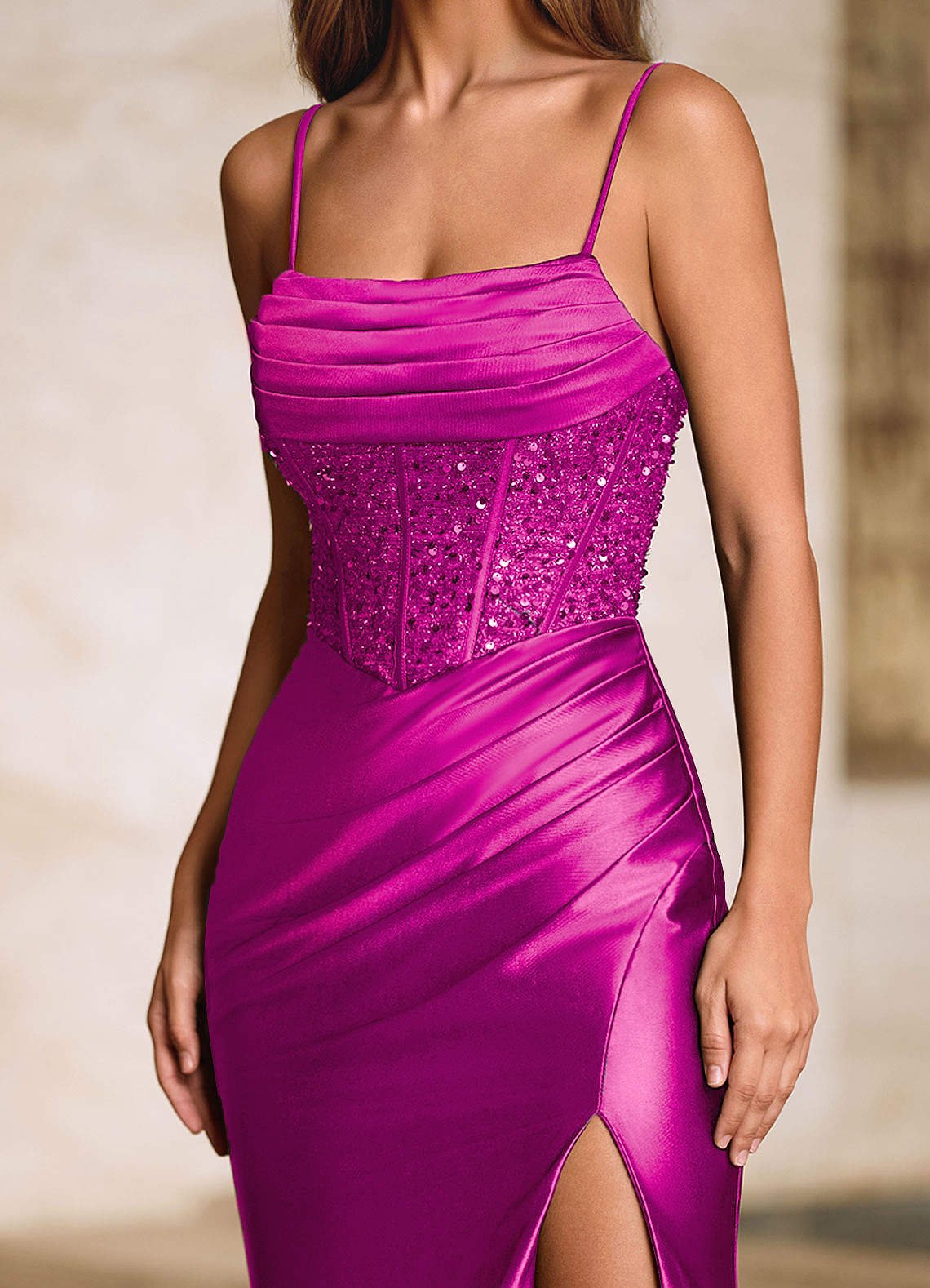 Viviannella Mermaid Square-Neck Stretch Satin Prom Dress in Magenta