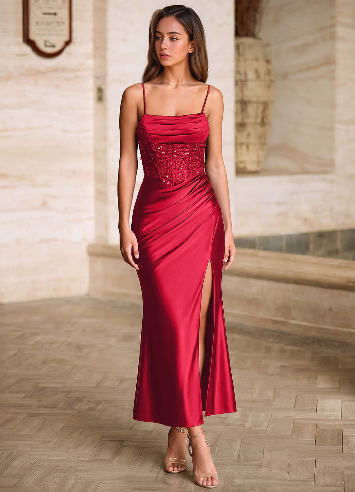 Viviannella Mermaid Square-Neck Stretch Satin Prom Dress in Red