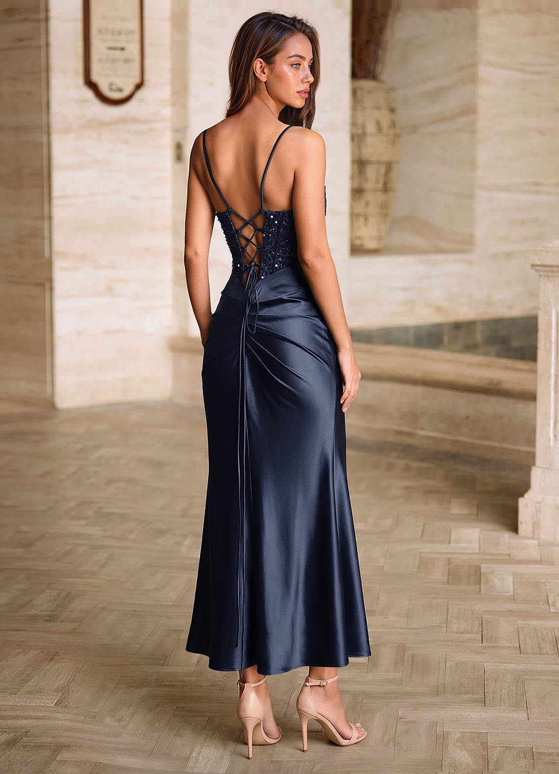 Viviannella Mermaid Square-Neck Stretch Satin Prom Dress in Navy