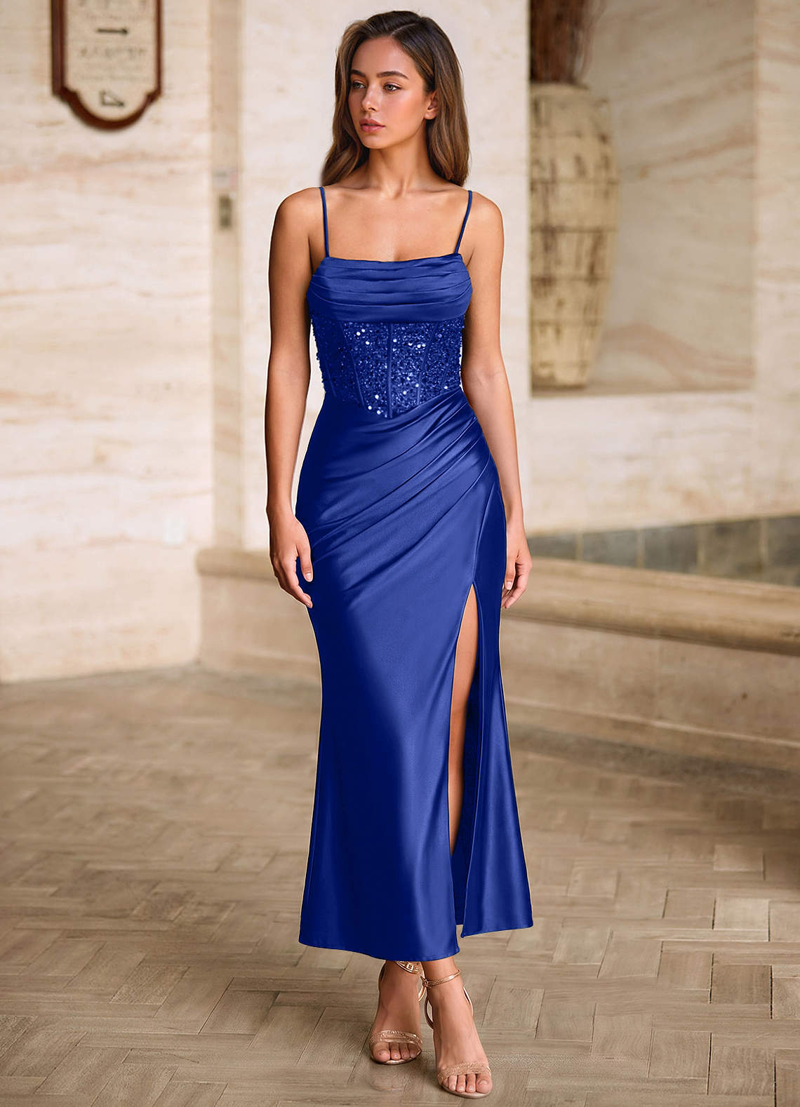 Viviannella Mermaid Square-Neck Stretch Satin Prom Dress in Royal Blue
