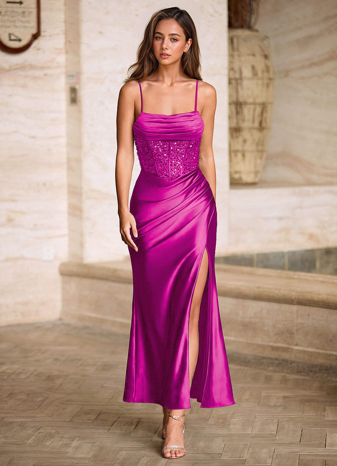 Viviannella Mermaid Square-Neck Stretch Satin Prom Dress in black