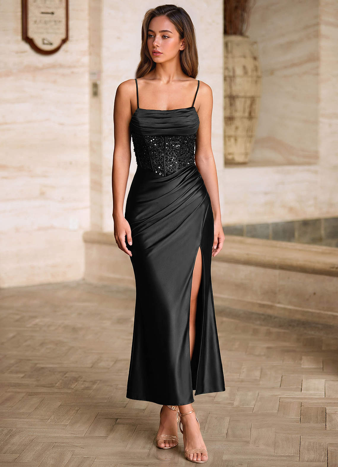 Viviannella Mermaid Square-Neck Stretch Satin Prom Dress in black