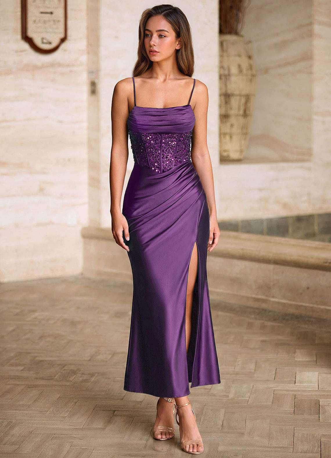 Viviannella Mermaid Square-Neck Stretch Satin Prom Dress in Purple