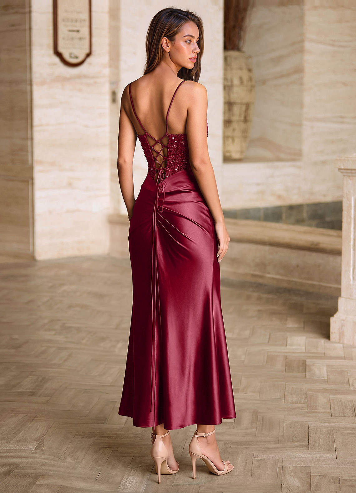Viviannella Mermaid Square-Neck Stretch Satin Prom Dress in Burgundy