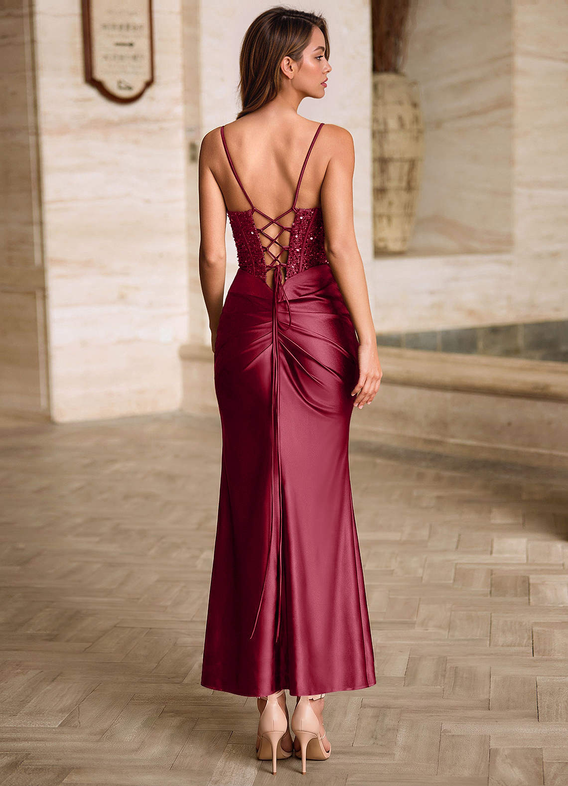 Viviannella Mermaid Square-Neck Stretch Satin Prom Dress in Burgundy