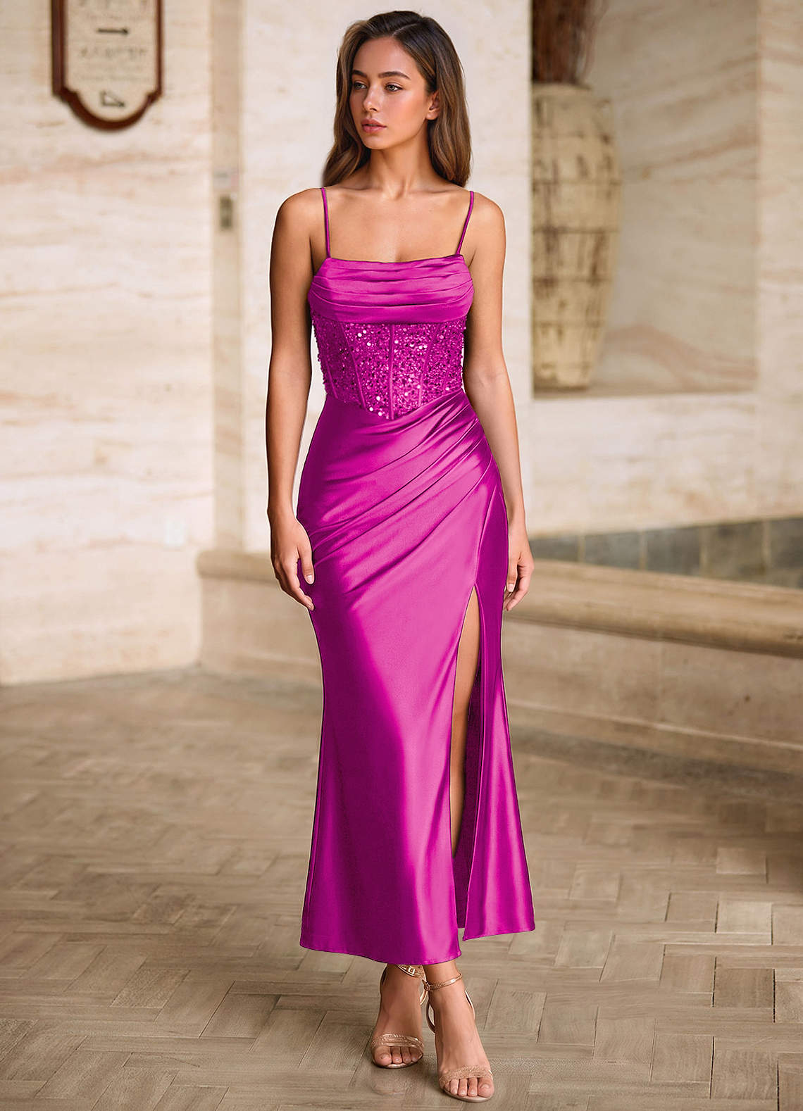 Viviannella Mermaid Square-Neck Stretch Satin Prom Dress in Magenta