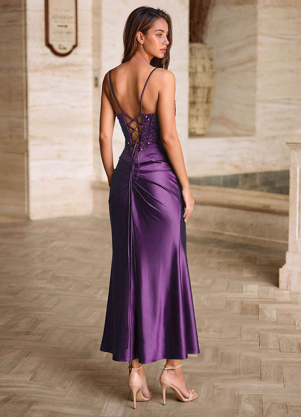 Viviannella Mermaid Square-Neck Stretch Satin Prom Dress in Purple