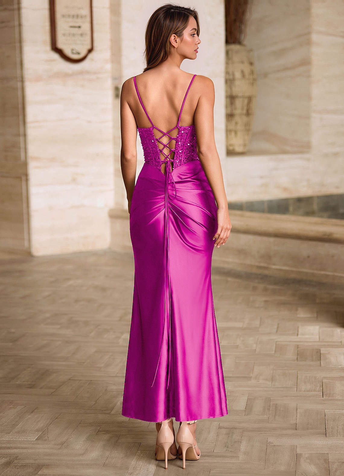 Viviannella Mermaid Square-Neck Stretch Satin Prom Dress in Magenta